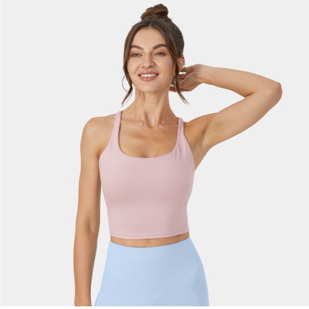 HALARA Crisscross Backless Cropped Yoga Tank Top in Peach Skin